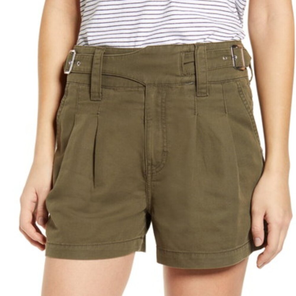 Current Elliott The Baro Pleated Belted High Rise Shorts Olive Green 3"
